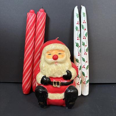 LOT 290: Holiday Candle Collection & More: Santa & Snowman Tapered Candles,Gift Bag Music Boxes, Gold Bead Garland, Peppermint...