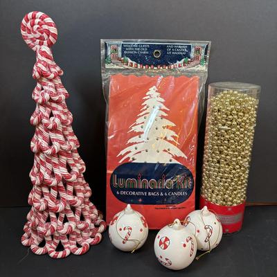 LOT 290: Holiday Candle Collection & More: Santa & Snowman Tapered Candles,Gift Bag Music Boxes, Gold Bead Garland, Peppermint...
