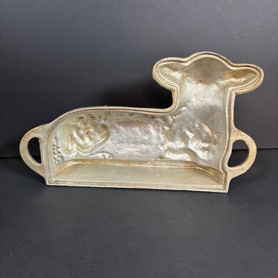 LOT 296: Vintage Unmarked Cast Aluminum Lamb/Sheep 2-Piece Candy Mold, Vintage Framed Needlepoint " Girl at the Window" &...