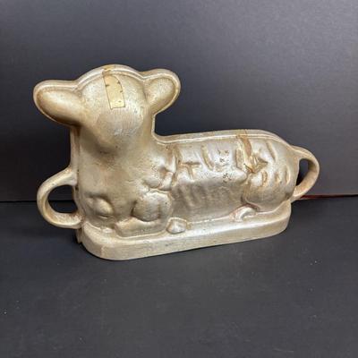 LOT 296: Vintage Unmarked Cast Aluminum Lamb/Sheep 2-Piece Candy Mold, Vintage Framed Needlepoint " Girl at the Window" &...