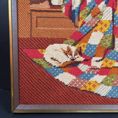 LOT 296: Vintage Unmarked Cast Aluminum Lamb/Sheep 2-Piece Candy Mold, Vintage Framed Needlepoint " Girl at the Window" &...