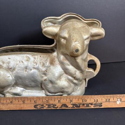 LOT 296: Vintage Unmarked Cast Aluminum Lamb/Sheep 2-Piece Candy Mold, Vintage Framed Needlepoint " Girl at the Window" &...