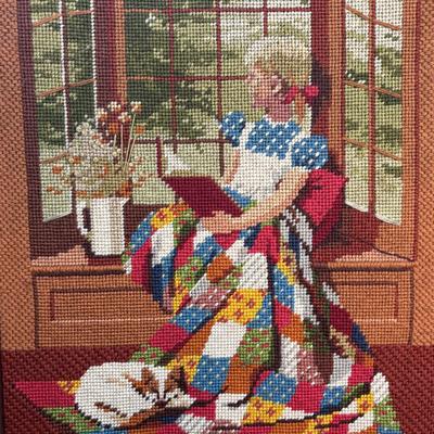 LOT 296: Vintage Unmarked Cast Aluminum Lamb/Sheep 2-Piece Candy Mold, Vintage Framed Needlepoint " Girl at the Window" &...