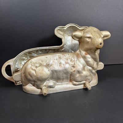 LOT 296: Vintage Unmarked Cast Aluminum Lamb/Sheep 2-Piece Candy Mold, Vintage Framed Needlepoint " Girl at the Window" &...