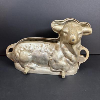LOT 296: Vintage Unmarked Cast Aluminum Lamb/Sheep 2-Piece Candy Mold, Vintage Framed Needlepoint " Girl at the Window" &...