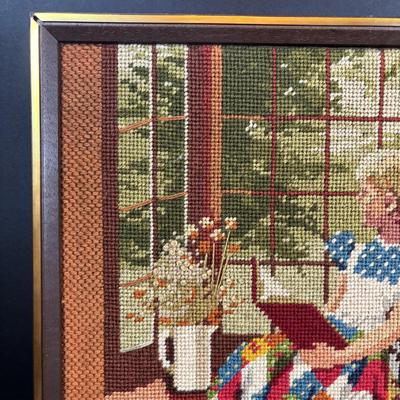 LOT 296: Vintage Unmarked Cast Aluminum Lamb/Sheep 2-Piece Candy Mold, Vintage Framed Needlepoint " Girl at the Window" &...