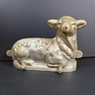 LOT 296: Vintage Unmarked Cast Aluminum Lamb/Sheep 2-Piece Candy Mold, Vintage Framed Needlepoint " Girl at the Window" &...