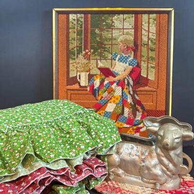 LOT 296: Vintage Unmarked Cast Aluminum Lamb/Sheep 2-Piece Candy Mold, Vintage Framed Needlepoint " Girl at the Window" &...