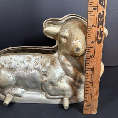 LOT 296: Vintage Unmarked Cast Aluminum Lamb/Sheep 2-Piece Candy Mold, Vintage Framed Needlepoint " Girl at the Window" &...