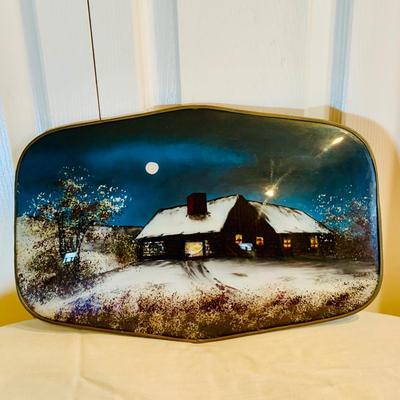 LOT 301: Antique/Vintage Reverse Painted Winter Cabin on Bubble Glass
