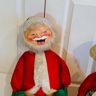 LOT 304: Vintage Annalee Holiday Dolls - Large Santa and Mrs Claus and Woman with Plum Pudding Dated 1971