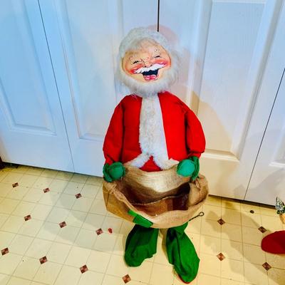 LOT 304: Vintage Annalee Holiday Dolls - Large Santa and Mrs Claus and Woman with Plum Pudding Dated 1971