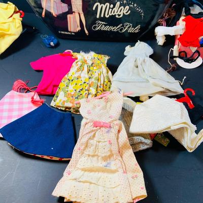 LOT 307: Vintage 1963 Barbie and Midge Travel Pals Doll Case and Barbie Cloths and Assessories Including a American Airline Stewardess...