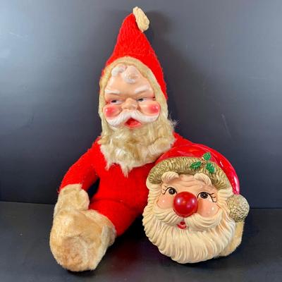 LOT 318: Vintage Plush Rushton Style Santa and Vintage Santa with Musical Light up Nose.