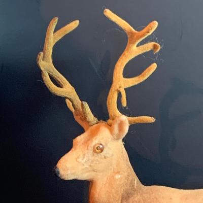 LOT 322: Vintage Santa Claus, Vintage Red Santa Boot Container and a Vintage Flocked Reindeer