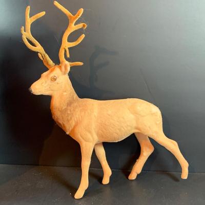 LOT 322: Vintage Santa Claus, Vintage Red Santa Boot Container and a Vintage Flocked Reindeer