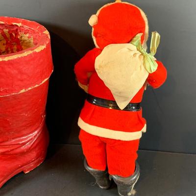 LOT 322: Vintage Santa Claus, Vintage Red Santa Boot Container and a Vintage Flocked Reindeer