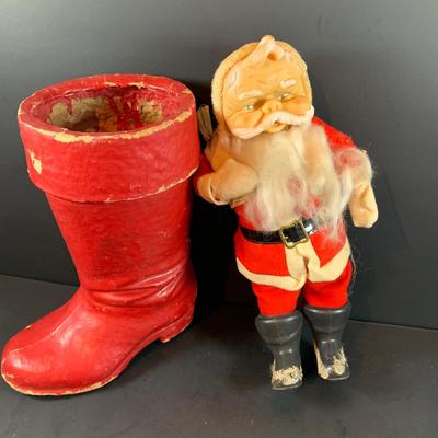 LOT 322: Vintage Santa Claus, Vintage Red Santa Boot Container and a Vintage Flocked Reindeer