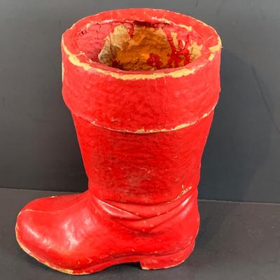 LOT 322: Vintage Santa Claus, Vintage Red Santa Boot Container and a Vintage Flocked Reindeer