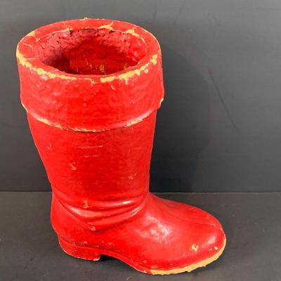 LOT 322: Vintage Santa Claus, Vintage Red Santa Boot Container and a Vintage Flocked Reindeer