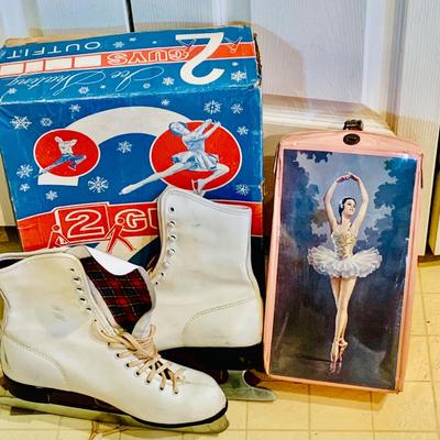 LOT 356: Pair of Vintage White Ice Skates Size 8 with Box and a Vintage Ballerina Ballet Slippers/Shoes Carrying Case