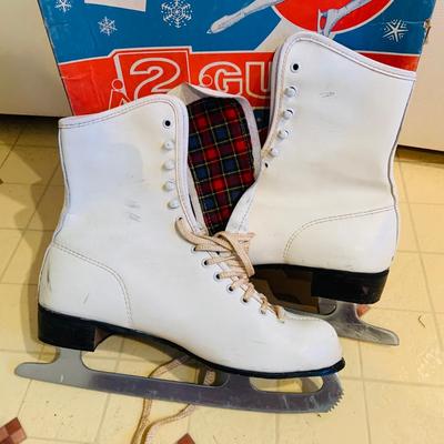 LOT 356: Pair of Vintage White Ice Skates Size 8 with Box and a Vintage Ballerina Ballet Slippers/Shoes Carrying Case