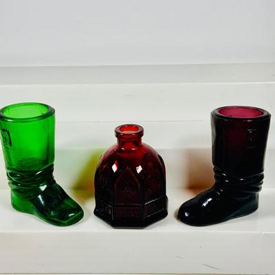 LOT 359: Colorful Art Glass Collection Including Glass Boots, Top Hat Small PItchers, Vases, Wheaton Ink Well