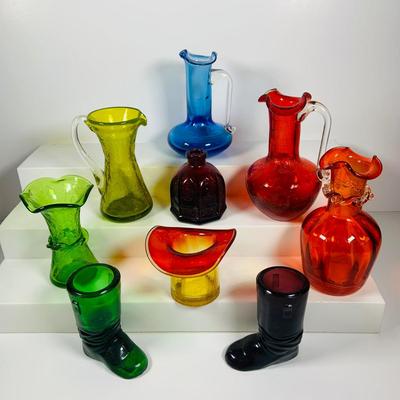 LOT 359: Colorful Art Glass Collection Including Glass Boots, Top Hat Small PItchers, Vases, Wheaton Ink Well