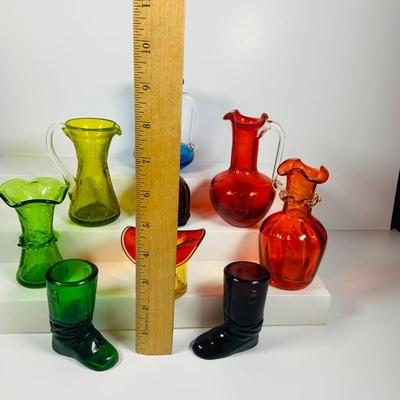 LOT 359: Colorful Art Glass Collection Including Glass Boots, Top Hat Small PItchers, Vases, Wheaton Ink Well
