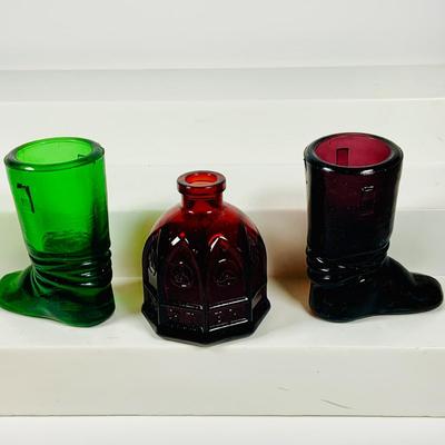 LOT 359: Colorful Art Glass Collection Including Glass Boots, Top Hat Small PItchers, Vases, Wheaton Ink Well