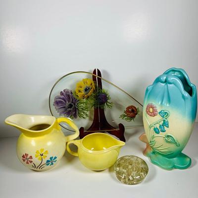 LOT 360: Beautiful Spring Collection Including Hull Floral Vase, Tear Drop Shaped Glass Plate with Painted Flowers, Hull Pitcher and...