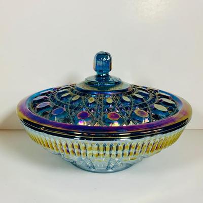 LOT 362: Assortment of Art Glass Pieces Including Ruby Red Glass Plate, Windsor Blue Carinval Glass Covered Dish, Gold Trimmed Milk Glass...