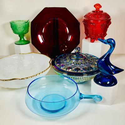 LOT 362: Assortment of Art Glass Pieces Including Ruby Red Glass Plate, Windsor Blue Carinval Glass Covered Dish, Gold Trimmed Milk Glass...