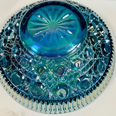 LOT 362: Assortment of Art Glass Pieces Including Ruby Red Glass Plate, Windsor Blue Carinval Glass Covered Dish, Gold Trimmed Milk Glass...