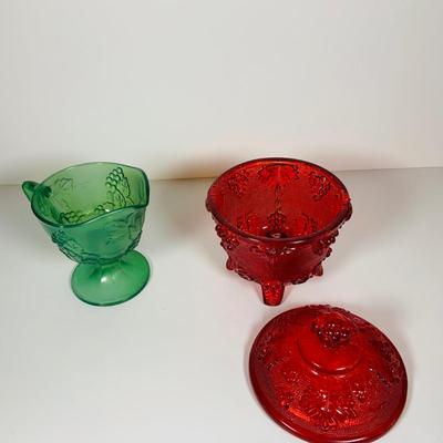 LOT 362: Assortment of Art Glass Pieces Including Ruby Red Glass Plate, Windsor Blue Carinval Glass Covered Dish, Gold Trimmed Milk Glass...