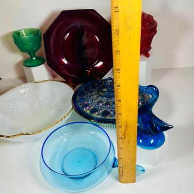 LOT 362: Assortment of Art Glass Pieces Including Ruby Red Glass Plate, Windsor Blue Carinval Glass Covered Dish, Gold Trimmed Milk Glass...