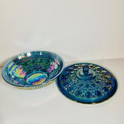 LOT 362: Assortment of Art Glass Pieces Including Ruby Red Glass Plate, Windsor Blue Carinval Glass Covered Dish, Gold Trimmed Milk Glass...