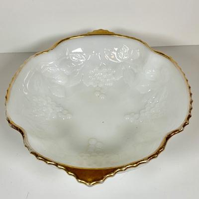 LOT 362: Assortment of Art Glass Pieces Including Ruby Red Glass Plate, Windsor Blue Carinval Glass Covered Dish, Gold Trimmed Milk Glass...