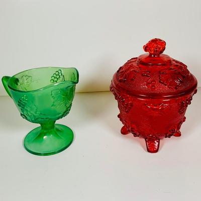 LOT 362: Assortment of Art Glass Pieces Including Ruby Red Glass Plate, Windsor Blue Carinval Glass Covered Dish, Gold Trimmed Milk Glass...