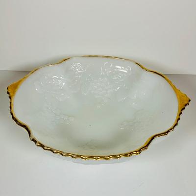 LOT 362: Assortment of Art Glass Pieces Including Ruby Red Glass Plate, Windsor Blue Carinval Glass Covered Dish, Gold Trimmed Milk Glass...