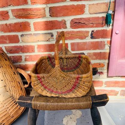 LOT 364: Collection of Primitive Baskets, Arts & Crafts Country Rush Footstool, Primitive Broom and Rug Beaters