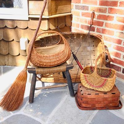 LOT 364: Collection of Primitive Baskets, Arts & Crafts Country Rush Footstool, Primitive Broom and Rug Beaters