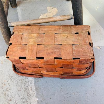 LOT 364: Collection of Primitive Baskets, Arts & Crafts Country Rush Footstool, Primitive Broom and Rug Beaters