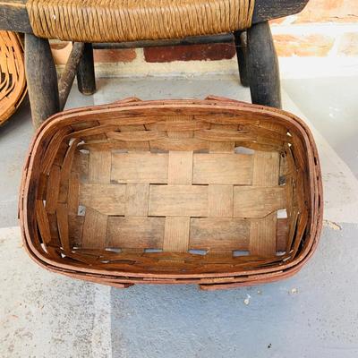 LOT 364: Collection of Primitive Baskets, Arts & Crafts Country Rush Footstool, Primitive Broom and Rug Beaters