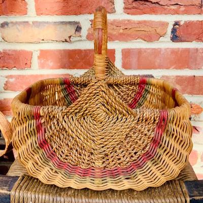 LOT 364: Collection of Primitive Baskets, Arts & Crafts Country Rush Footstool, Primitive Broom and Rug Beaters