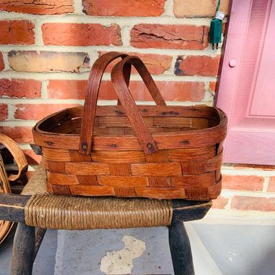LOT 364: Collection of Primitive Baskets, Arts & Crafts Country Rush Footstool, Primitive Broom and Rug Beaters