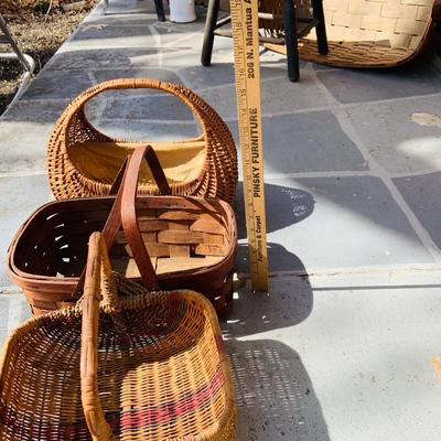 LOT 364: Collection of Primitive Baskets, Arts & Crafts Country Rush Footstool, Primitive Broom and Rug Beaters