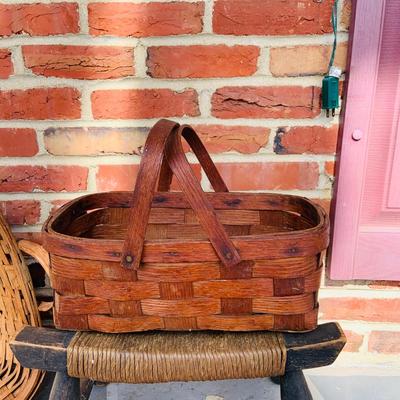 LOT 364: Collection of Primitive Baskets, Arts & Crafts Country Rush Footstool, Primitive Broom and Rug Beaters