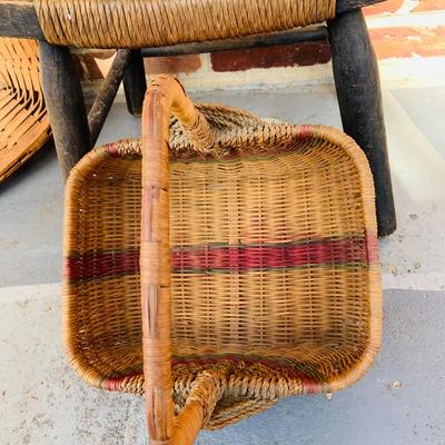 LOT 364: Collection of Primitive Baskets, Arts & Crafts Country Rush Footstool, Primitive Broom and Rug Beaters