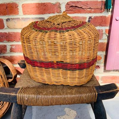 LOT 364: Collection of Primitive Baskets, Arts & Crafts Country Rush Footstool, Primitive Broom and Rug Beaters